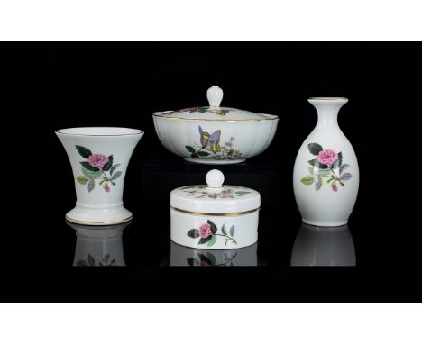 Wedgwood 'Hathaway Rose' Part Dressing Table Set comprising circular trinket pot, squat vase and bud vase and 'Charnwood' pow