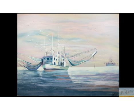 Mid Century Modern Lee Reynolds Vanguard Studios Oil On Canvas A Large Scale 1970's oil painting depicting a fishing boat moo