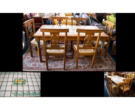 Large Pine and Tile Inlay Dining Suite comprising of table and 6 chairs. Large rectangular table in rustic style with glazed 