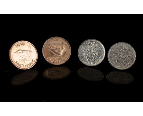 Two Pairs of Coin Cufflinks. The first in the form of 1939 Farthings, the second, 1967 sixpence coins. Good condition