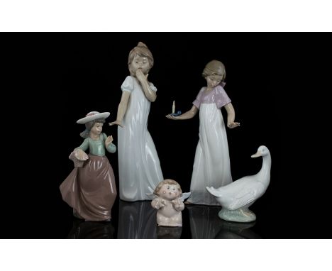 Collection of Nao by Lladro Figures (5) in total. Comprises 1. goose figure  5 inches in height 2. small cherub figure 3. Gir