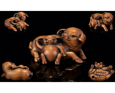 Japanese - 19th Century Superb Quality Carved Boxwood Signed Netsuke, Depicts a Large Mother Pig with Baby. Signed to Undersi