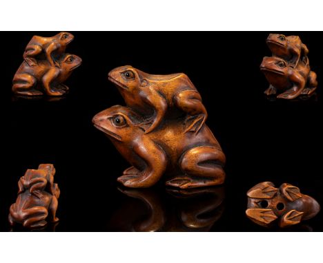 Japanese - 19th Century Superb Quality Carved Boxwood Signed Netsuke. Depicts Two Frogs / Toads, The Baby From Sitting Upon T