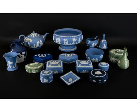 Collection of Wedgwood Jasper Ware 18 pieces in total including, pedestal bowl 8" in diameter, 2 handled urn 6.5" in height, 