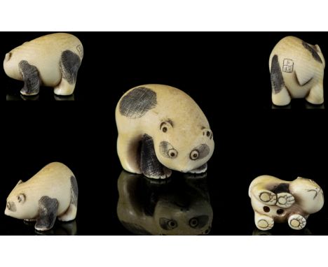 Chinese 19th Century Nice Quality Signed Carved Ivory Netsuke in the form of a baby panda. Signed to the back of Netsuke. 1.5