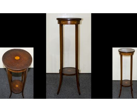 Edwardian Inlaid Mahogany Plant Stand Circular top with lower shelf, square tapered supports, height 37 inches