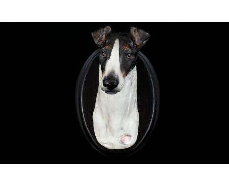 Royal Doulton Rare Greyhound Dog Wall Mount Circa 1930's, ceramic greyhound profile head, mounted on oval wood plinth with or