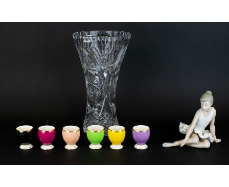 A Collection Of Glass And Ceramic Items Eight items in total to include cut glass vase of trumpet form, Neo figurine in the f