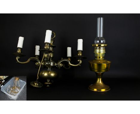 A Brass Five Arm Ceiling Pendant Large chandelier with faux candle fittings and central circular fitting. Along with ornate b