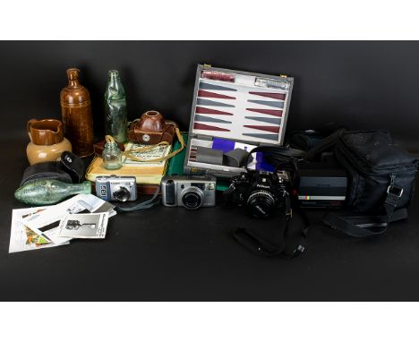 A Box of Assorted Collectables including two codd bottles, stoneware bottle cameras to include Lordomat, Minolta, Polaroid Su