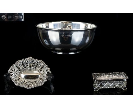 Three Pieces Of Silver Comprising Sugar Bowl Hallmarked For Birmingham u 1919, Diameter 4 Inches, Pierced & Embossed Trinket 