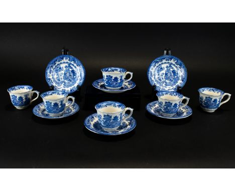 Royal Worcester Crown Ware 12 Piece Coffee Set, blue and white 'Willow' Pattern circa 1920's. Comprises 6 coffee cups and 6 s