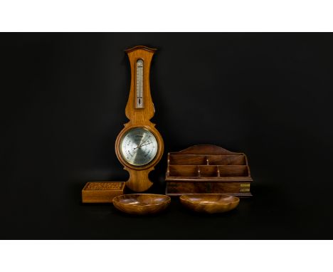 A Collection Of Vintage Wooden Decorative Items Five in total to include, inlaid Swiss musical jewellery box, barometer, lett