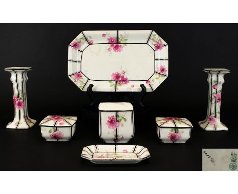 Royal Doulton Art Nouveau Ladies Ceramic 7 Piece Dressing Table Set including  a pair of candlesticks D3884,  Regency black a