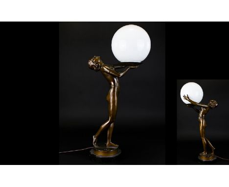 A Bronze Art Deco Period Table Lamp In The Form of A Female Nude Wonderfully cast nude female gymnast figure in standing pose