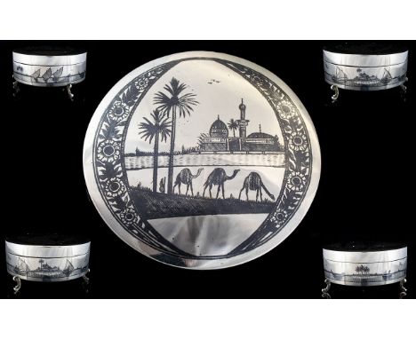 Iraqi Persian Early to Mid 20th Century Very Fine Quality Silver Circular Niello Trinket Box Decorated throughout with intric