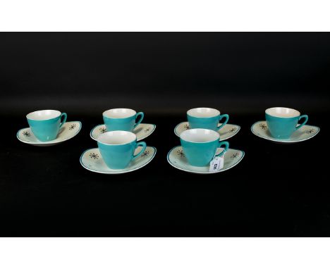 Midwinter Cups And Saucers Elstree Pattern with Turquoise Stars. (6) Six in total. 