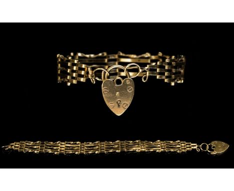 1970's 9ct Gold 5 Bar Gate Bracelet with Attached 9ct Gold Heart Shaped Padlock. Fully Hallmarked. 9.5 grams. 7.5 Inches In l