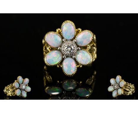 18ct Gold - Superb Quality Opal and Diamond Set Cluster Ring. In a Flower head Setting, The Central Diamond Surrounded by 7 O