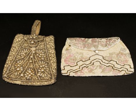 Two Art Deco Antique Seed Bead Evening Bags Each in good vintage condition, the first a cream envelope pouch with wrist strap