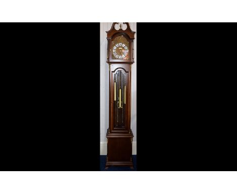 20thC Mahogany Finish Longcase Clock, Triple Weights, Glazed Front. Broken Scroll Pediment, Height 84 Inches