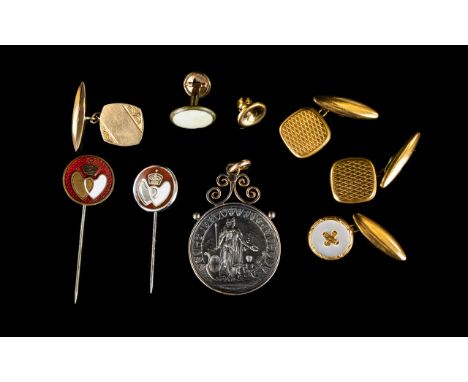 A Small Collection of Antique and Vintage 9ct Gold and Gold Plated / Enamel Items. Comprises Gents Cufflinks, One Hallmarked 