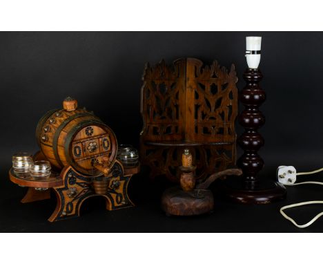 A Collection Of Vintage Decorative Wood Items Four in total to include reticulated corner shelf, turned wood lamp stand and n