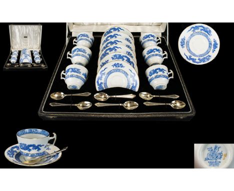 Cauldon Blue Dragon Coffee Set In Presentation Case. 6 Cups, 6 Saucers, 6 Spoons. Retailed by Fattorini and Sons, Goldsmiths,