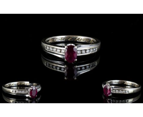 18ct White Gold - Natural Ruby and Diamond Set Dress Ring, The Natural Pigeon Blood Ruby of Good Quality and Colour, With Dia