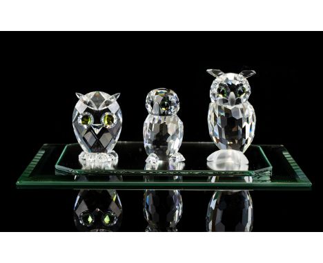 Swarovski - Silver Crystal Trio of Owl Figures. Comprises 1/ Night Owl. Designer Anton Hirzinger. No 7936 NR 000 002. Issued 