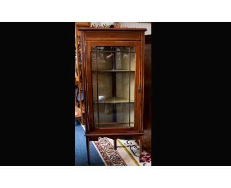 Glazed Corner Cabinet Three Shelf Display Unit in mahogany with stringing to front, legs and door. Glazed door, shaped apron 