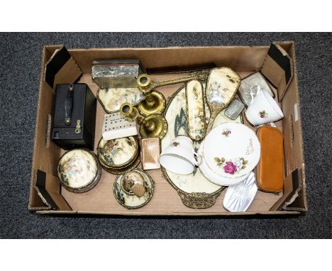 Box Of Misc, Comprising Oriental Design Dressing Table Set, Box Camera, Brass Candlesticks etc