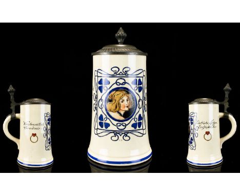 Antique German Beer Stein By Merkelback & Wick Hohr-Grenzhausen Ceramic stein circa 1900, printed and impressed marks to unde