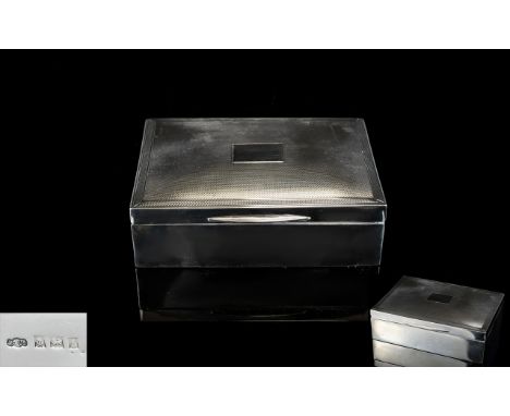 Elizabeth II Engine Turned Silver Cigarette Box with Cedar Wood Interior, Vacant Cartouche, Engine Turned Cover. Hallmark Bir