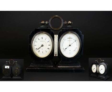 F H Tritschler Paris Ebonised and Brass Cased Desk Clock/ Aneroid Barometer With Thermometer. Good 8 day movement. 7.5 inches