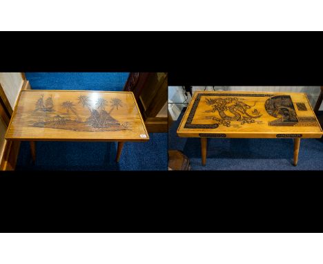 Two Mid-Century Carved Oriental Coffee Tables The first with carved top detail depicting a dragon amongst foliage and pagodas