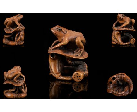Japanese - 19th Century Superb Quality Carved Boxwood Signed Netsuke. Depicts a Frog / Toad Sitting on a Large Pond Pad / Lea