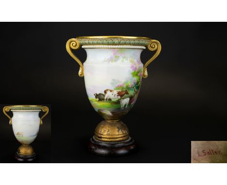 Royal Worcester Early Hand Painted and Signed Twin Handle Vase ' Summers Day ' Cattle at Pasture, Below Lilac / Blossom Trees