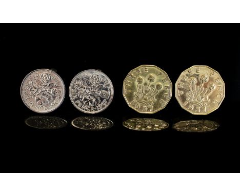 Two Pairs of 'Old Coin' Cufflinks. The first , a pair of 1937 Three Pence coins, the second, a pair of 1967 Six pence coins