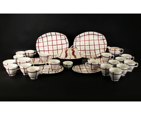 Midwinter Homeweave Red Pattern Assorted Pieces. (28) Twenty eight pieces in total. Includes cups, Cheese/butter dish and bas