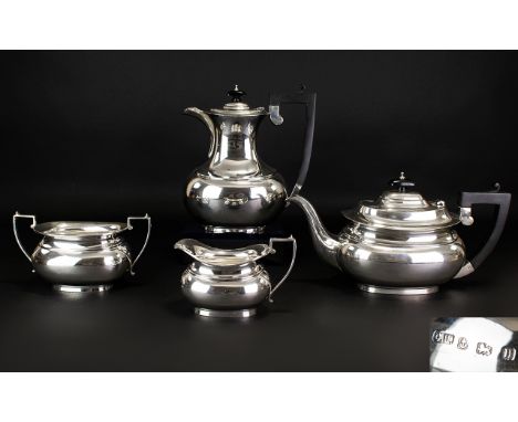 George Unite 1930's Solid Silver 4 Piece Tea And Coffee Service, Of Excellent Condition And Form. Hallmark Birmingham 1932 Ma