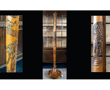 Oriental Carved Wood Standard Lamp Stand On circular base, of slim form, the whole profusely carved with oriental dragon and 