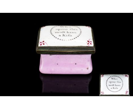 A Bilston Enamel Patch Box Circa 1790's, A small rectangular enamel box with hinged lid, powder pink base and white enamel to