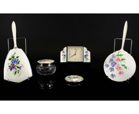 Smiths Top Quality Silver And Guilloche Enamel 8 Day Table Clock Sweet Peas Design. 5.5 inches wide and 3.5 inches high. Come