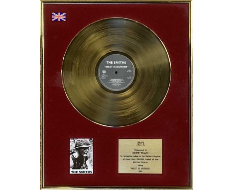 THE SMITHS - MEAT IS MURDER GOLD DISC AWARD. An official BPI gold disc presentation, presented to Geoff Travis in recognition