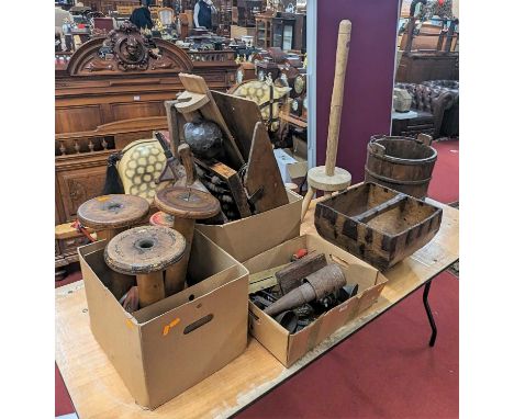 A collection of sundry Eastern and other effects, to include; watering bucket, grain bucket, various wall mounted furniture, 