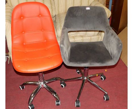 Two contemporary upholstered swivel desk chairs, on roller castors