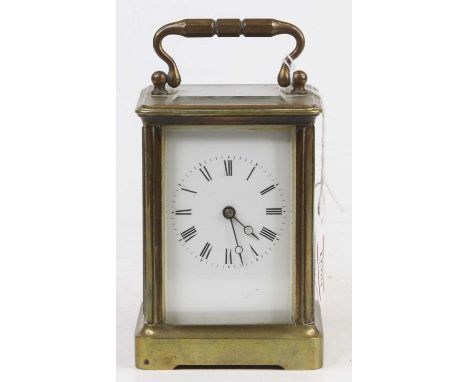 A circa 1900 French lacquered brass carriage clock, having visible platform escapement, h.13cm 