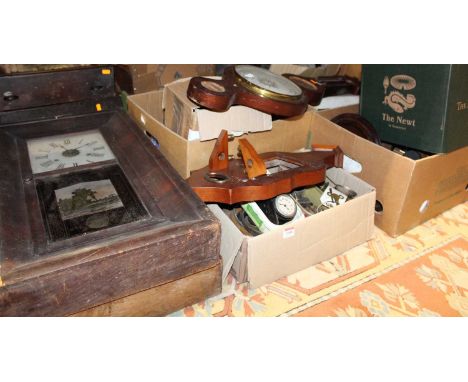 Assorted clock parts, to include two American wall clocks, various movements, incomplete aneroid wheel barometer etc 