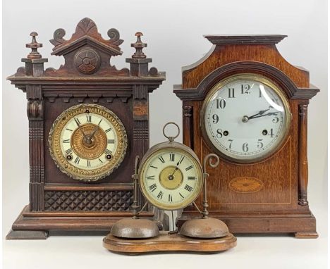 An Edwardian inlaid mahogany mantel clock, having unsigned white enamel dial and spring-driven movement, h.34cm; together wit